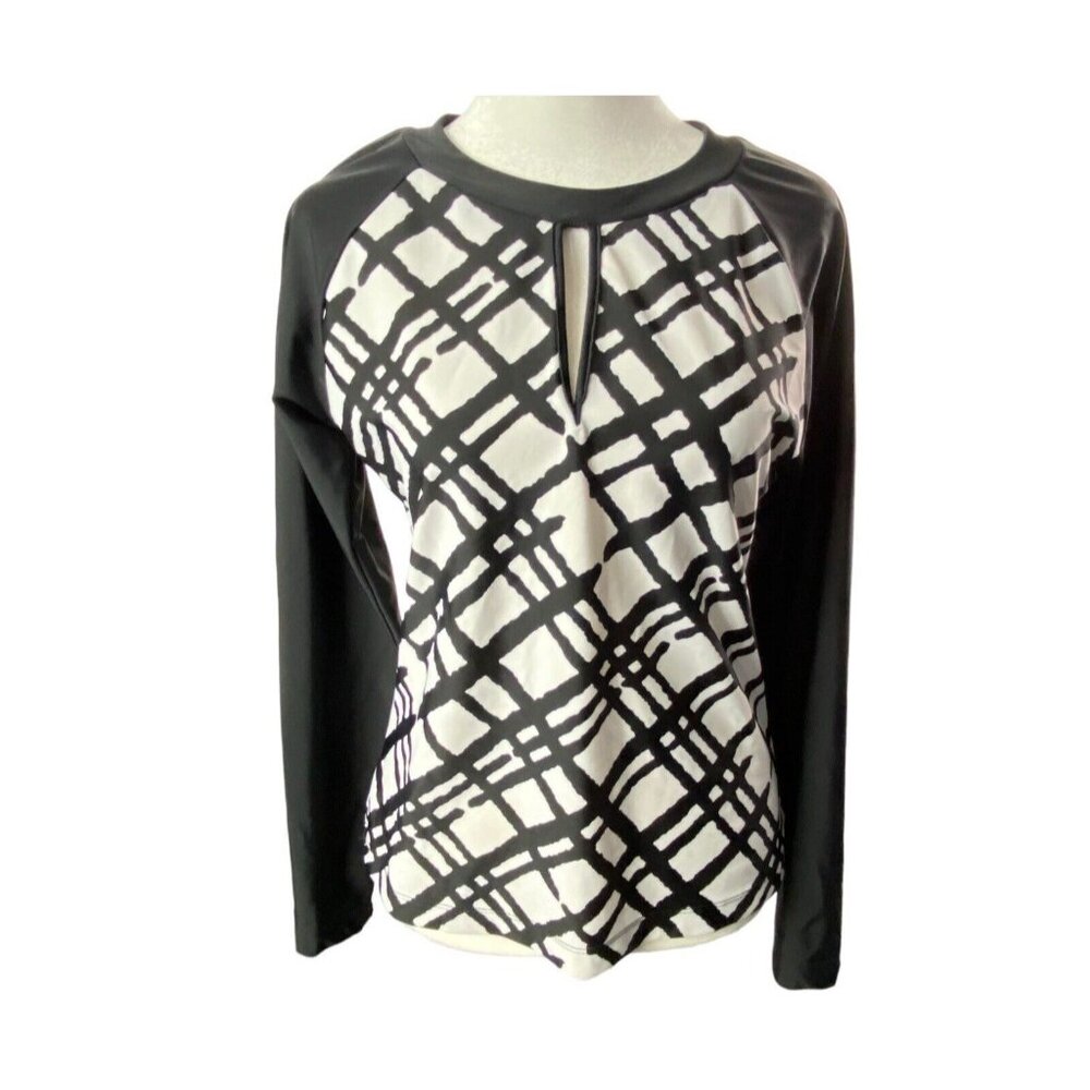 LA BLANCA Women Swim Geometric Print Long Sleeve Rash Guard Sz M B/W Ocean‎ 47-8